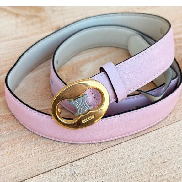 $500 CELINE Belt, Pink Leather, Gold-and-Silver Triomphe Buckle, Size 65 - Picture 9 of 9
